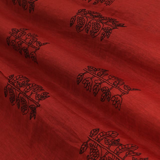 Blood Red Chanderi Black Floral Thread Embroidery Fabric