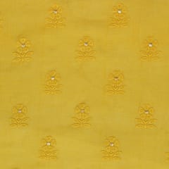 Gold Yellow Cotton Chanderi Floral Threadwork Sequins Embroidery Fabric