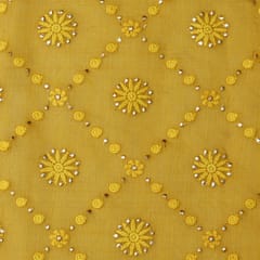 Dandelion Yellow Cotton Chanderi Floral sequins Embroidery Fabric