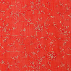 Crimson Red Chanderi Silver Threadwork Embroidery Fabric