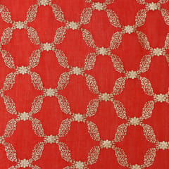 Apple Red Chanderi Floral Golden Sequin Embroidery Fabric