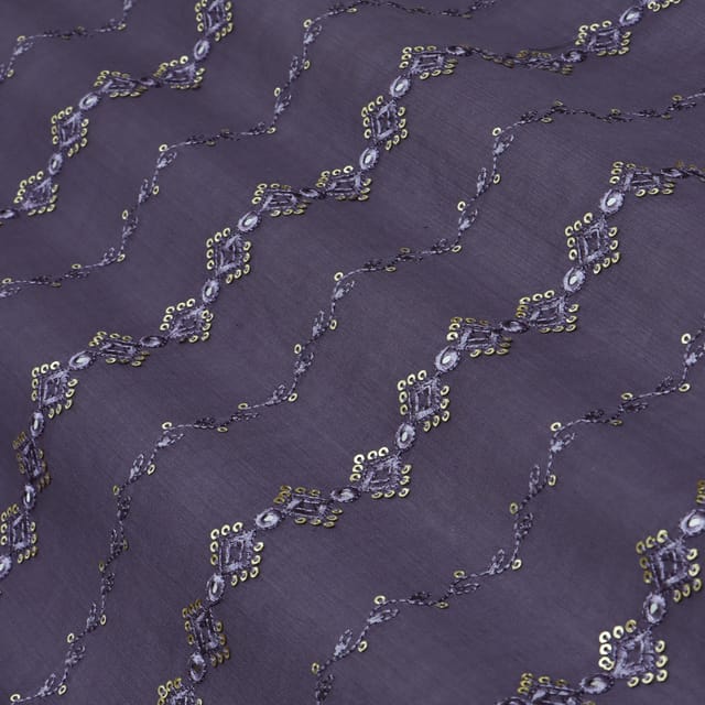 Electric Purple Katan Chanderi Beautiful Stripe Sequin Embroidery Fabric