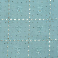 Baby Blue Cotton Chanderi Floral Silver Threadwork Embroidery Fabric
