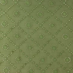 Olive Green Cotton Chanderi Box Pattern Sequin Embroidery Fabric