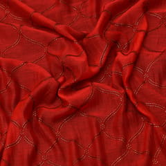 Barn Red Chanderi Stripe Floral Sequin Embroidery Fabric