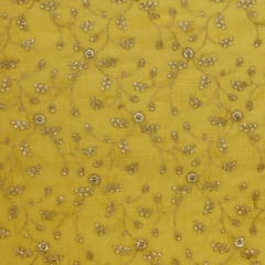 Bright Yellow Cotton Chanderi Floral Stripe Golden sequins Embroidery Fabric