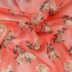 Carrot Pink Linen Floral Digital Print Border Fabric