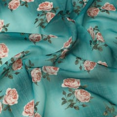 Sky Blue Linen Floral Digital Print Border Fabric