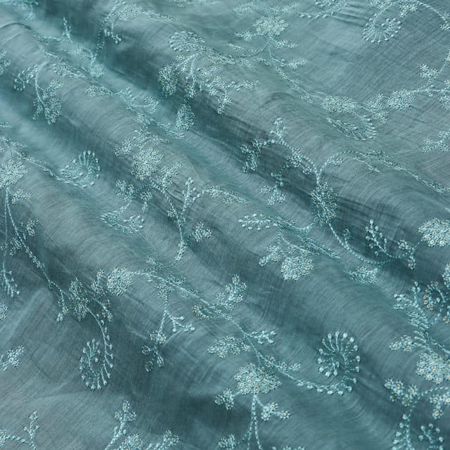 Slate Blue Chanderi Threadwork Sequins Embroidery Fabric