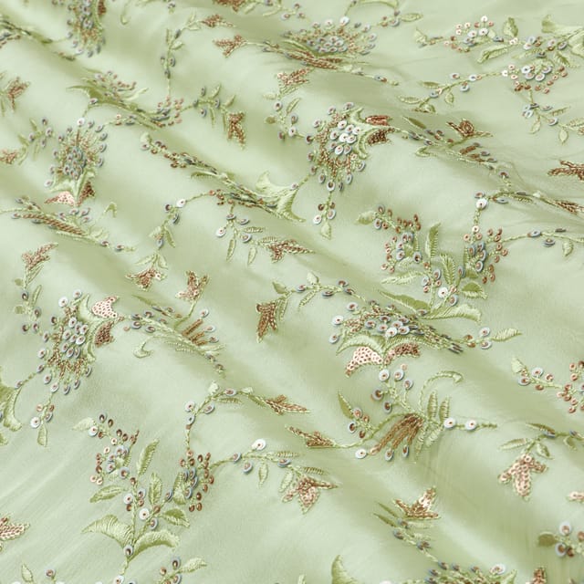 Mint Green Chinon Floral Sequins Embroidery Fabric