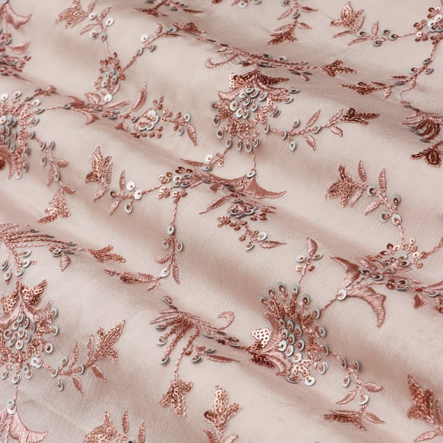Sheer Pink Chinon Floral Sequins Embroidery Fabric