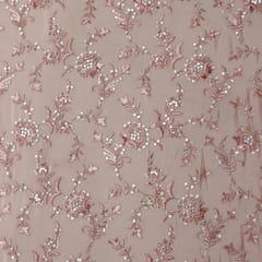 Sheer Pink Chinon Floral Sequins Embroidery Fabric