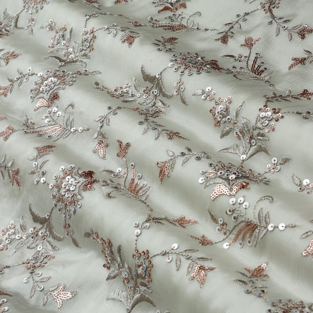 Steel Grey Chinon Floral Sequins Embroidery Fabric