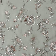 Steel Grey Chinon Floral Sequins Embroidery Fabric