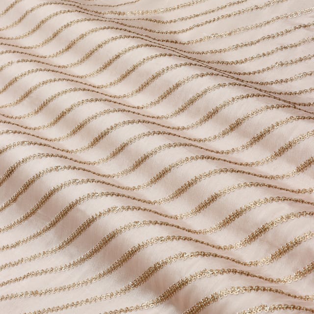 Blush Pink Chinon Golden Zari Stripe Embroidery Fabric