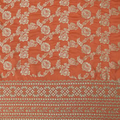 Orange Dola Jacquard Golden Zari Floral Sequins Embroidery With Gota Work Border Fabric