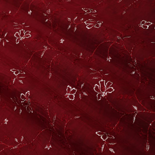 Maroon Chanderi Threadwork Floral Embroidery Fabric