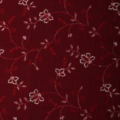 Maroon Chanderi Threadwork Floral Embroidery Fabric