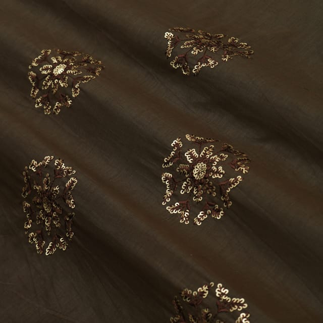 Coffee Chanderi Silk Floral Sequins Sippi Embroidery Fabric