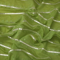 Lime Green Chanderi Voil Mirror Work stripe Pattern Embroidery Fabric