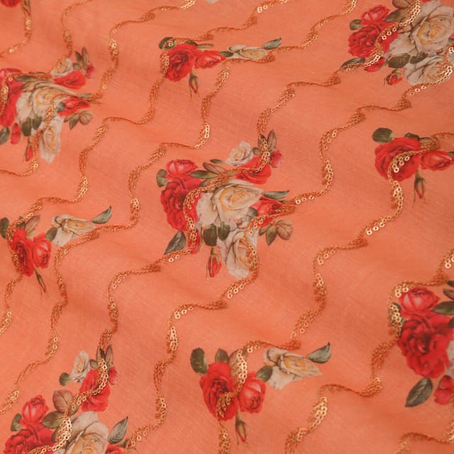Orange Peel Chanderi Floral Digital Print With Sequins Embroidery Fabric