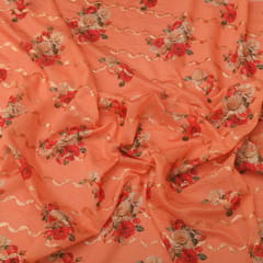 Orange Peel Chanderi Floral Digital Print With Sequins Embroidery Fabric
