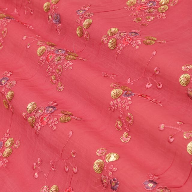 Ruby Pink Chanderi Beautifull Floral Threadwork Sequin Embroidery Fabric