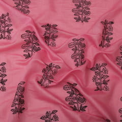 Hot Pink Chanderi Black Threadwork Floral Embroidery Fabric