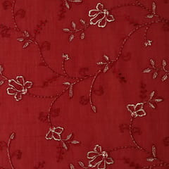 Cherry Red Chanderi Floral Thredawork Embroidery Fabric