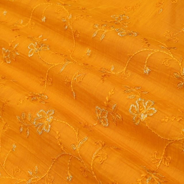 Honey Yellow Chanderi Floral Threadwork Embroidery Fabric