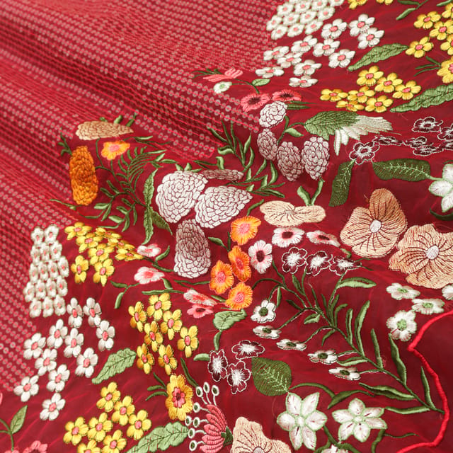 Blood Red Organza Sequins Floral Threadwork Embroidery Border Fabric