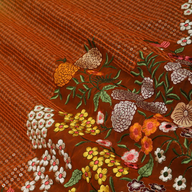 Fire Orange Organza Sequins Floral Threadwork Embroidery Border Fabric