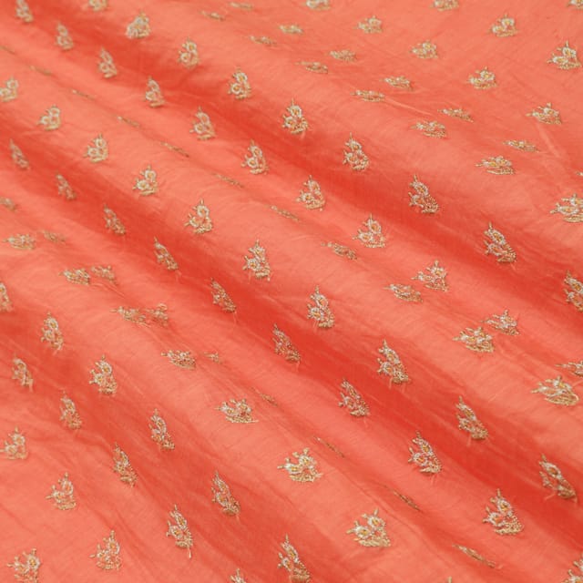 Sunset Orange Cotton Chanderi Golden Threadwork Booti Embroidery Fabric