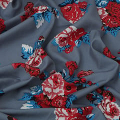 Steel Grey and Pink Floral Print Crepe Fabric