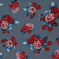 Steel Grey and Pink Floral Print Crepe Fabric