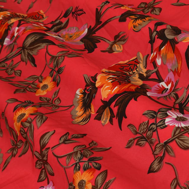 Crimson Red Floral Print Crepe Fabric