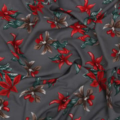 Steel Grey Red Floral Print Crepe Fabric