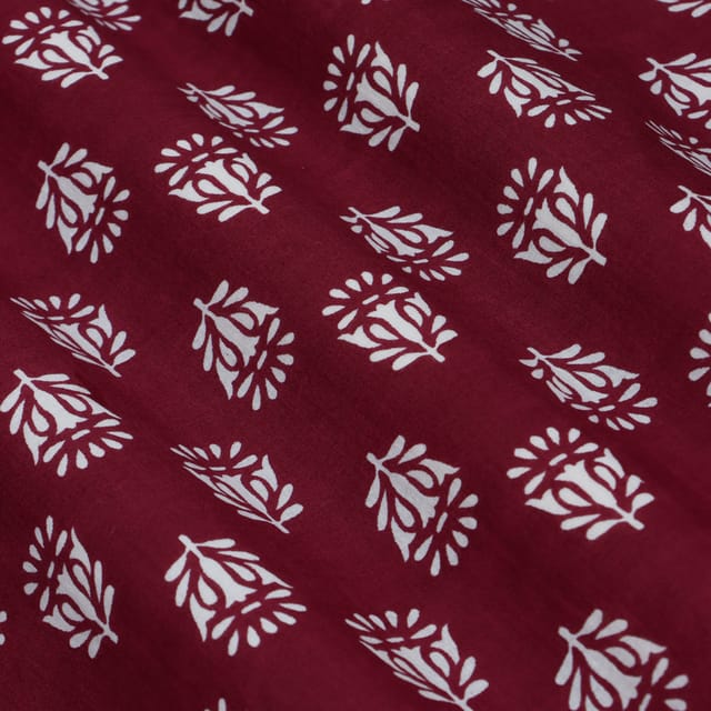 Wine Red and White Flower Print Cotton Fabric
