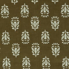 Olive Green and White Flower Print Cotton Fabric