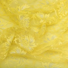 Lemon Yellow Floral Chantilly Net Fabric