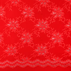 Indian Red Floral Chantility Net Fabric