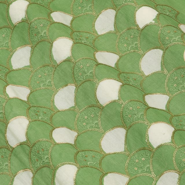 India Green Cotton Batik Print Sequins Threadwork Embroidery Fabric