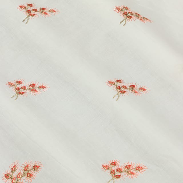 White Cotton Golden Zari Work On floral thread Embroidery Fabric