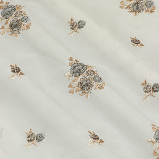 Pearl White Cotton Floral Thread Embroidery Fabric