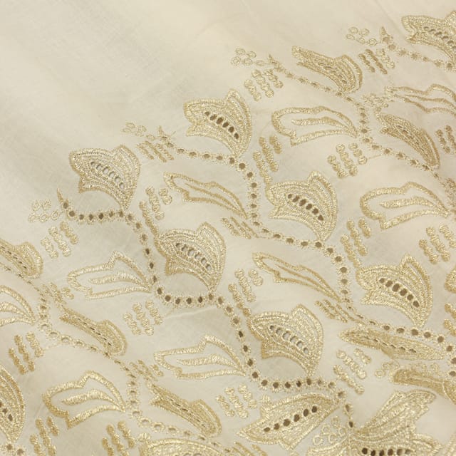 Timeless White Cotton Chikan Golden Thread Overlay Embroidery Fabric