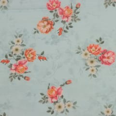 Sky Blue Linen Digital Floral Print Fabric