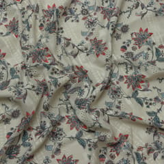 Green Slate Mulmul Overlay Floral Print Threadwork Embroidery Fabric