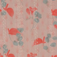 Blush Pink Mulmul Overlay Floral Print Threadwork Embroidery Fabric