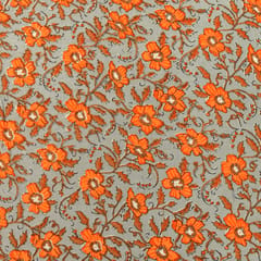 Ash Grey and Orange Floral Print Cotton Fabric