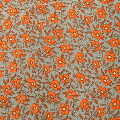 Ash Grey and Orange Floral Print Cotton Fabric